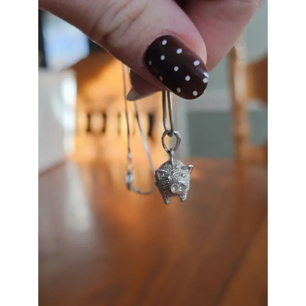 Crystal Gem Cute 3D Pig Necklace, Piggy‎ Lover Charm Piglet Pendant Silver